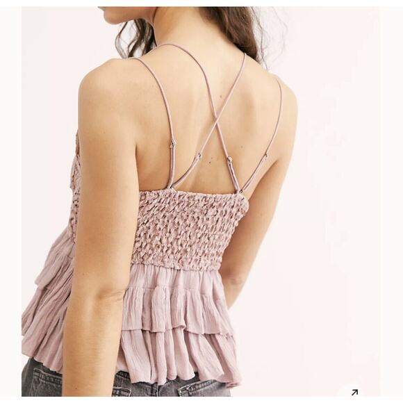 Free People Intimately Small Adella Cami Top Mauve Ruffled Crochet Lace Smocked - Picture 5 of 10